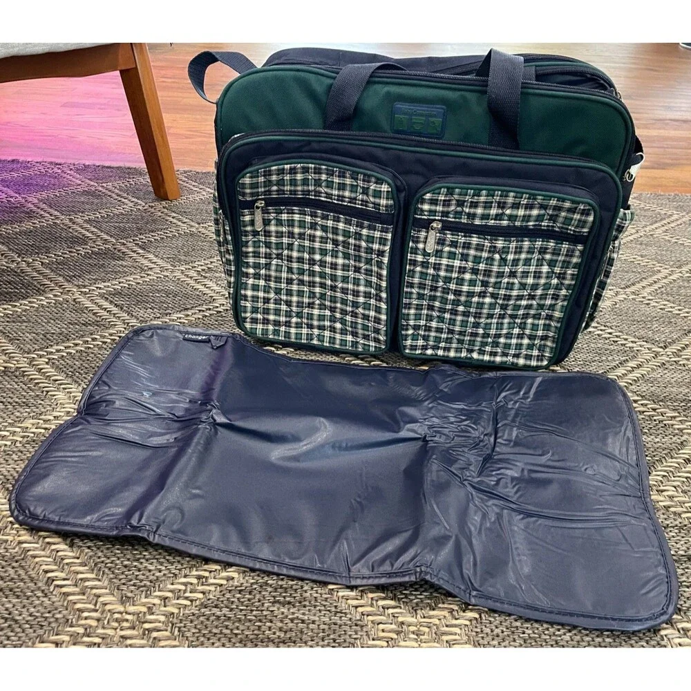 Vintage Baby Connection Plaid Diaper Bag Preppy Equestrian Travel Changing Pad
